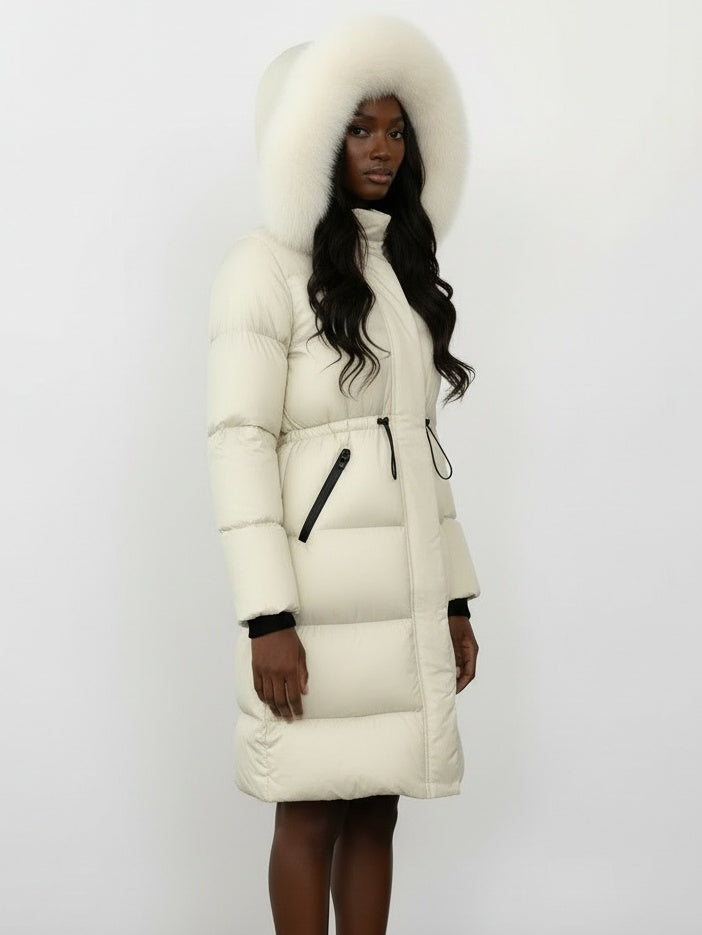 Drawstring Waist Long Down Coat in White with White Fur Hood