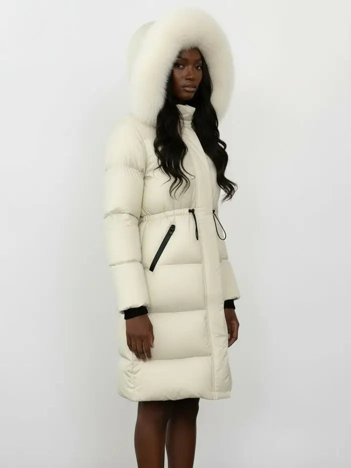 Drawstring Waist Long Down Coat in White with White Fur Hood - Coats