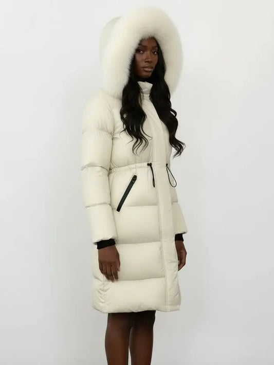 Drawstring Waist Long Down Coat in White with White Fur Hood - Coats