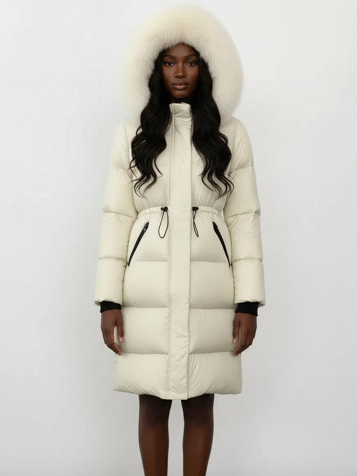Drawstring Waist Long Down Coat in White with White Fur Hood