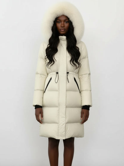Drawstring Waist Long Down Coat in White with White Fur Hood