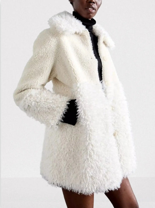 Ecru Faux-Shearling Button Coat - Coats