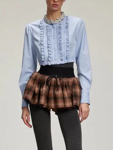 Embellished-Collar Ruffled Crop Shirt in Blue - Branna Couture