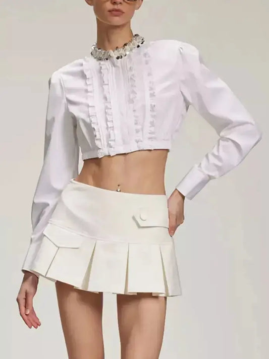 Embellished-Collar Ruffled Crop Shirt in White - Branna Couture