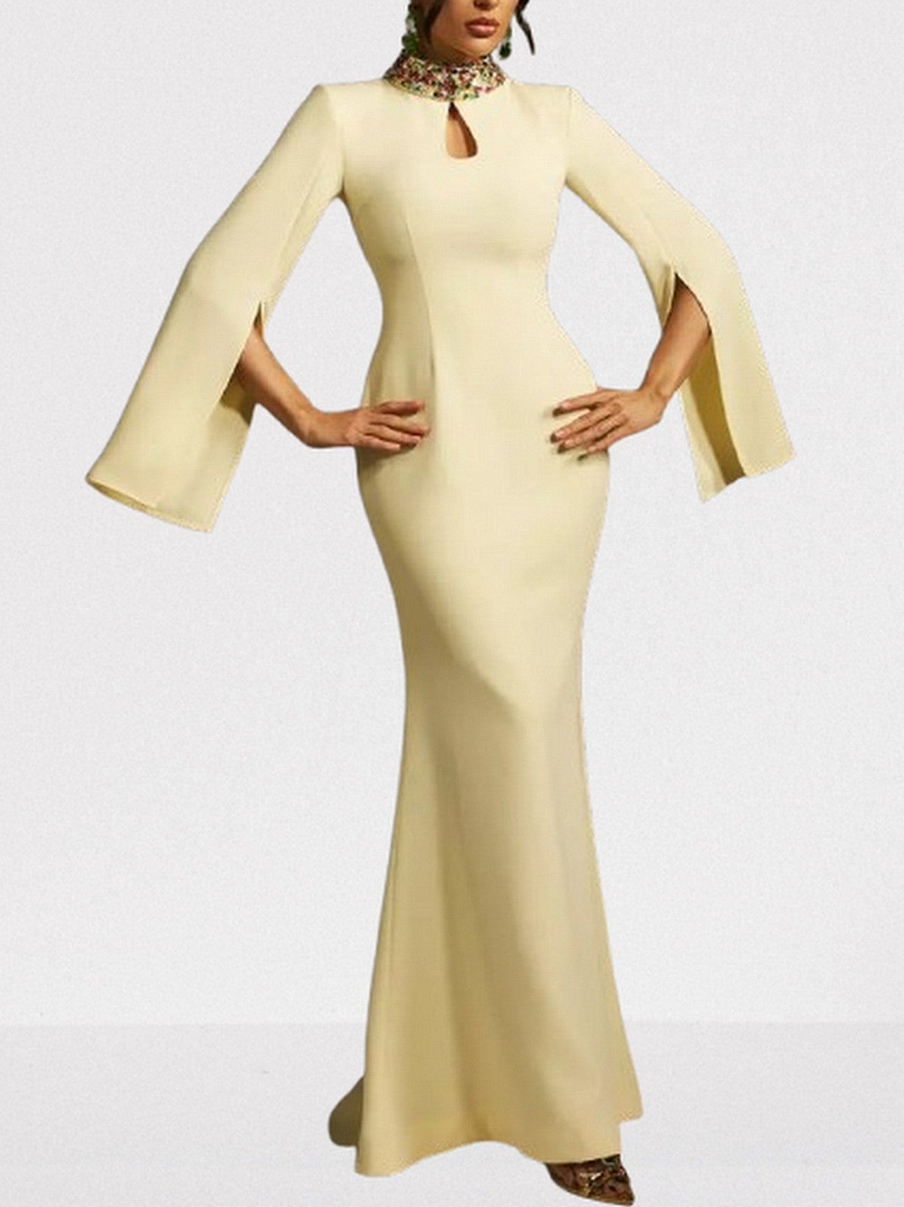 Embellished-Collar Keyhole Gown in Yellow - S - Dresses