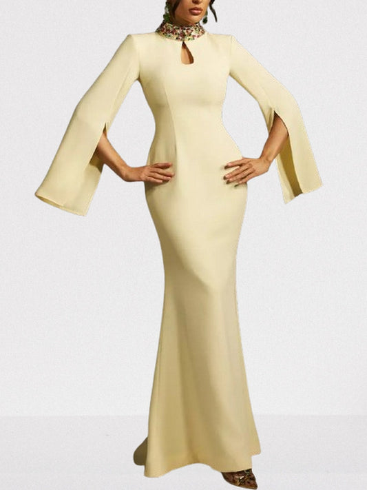 Embellished-Collar Keyhole Gown in Yellow - S - Dresses