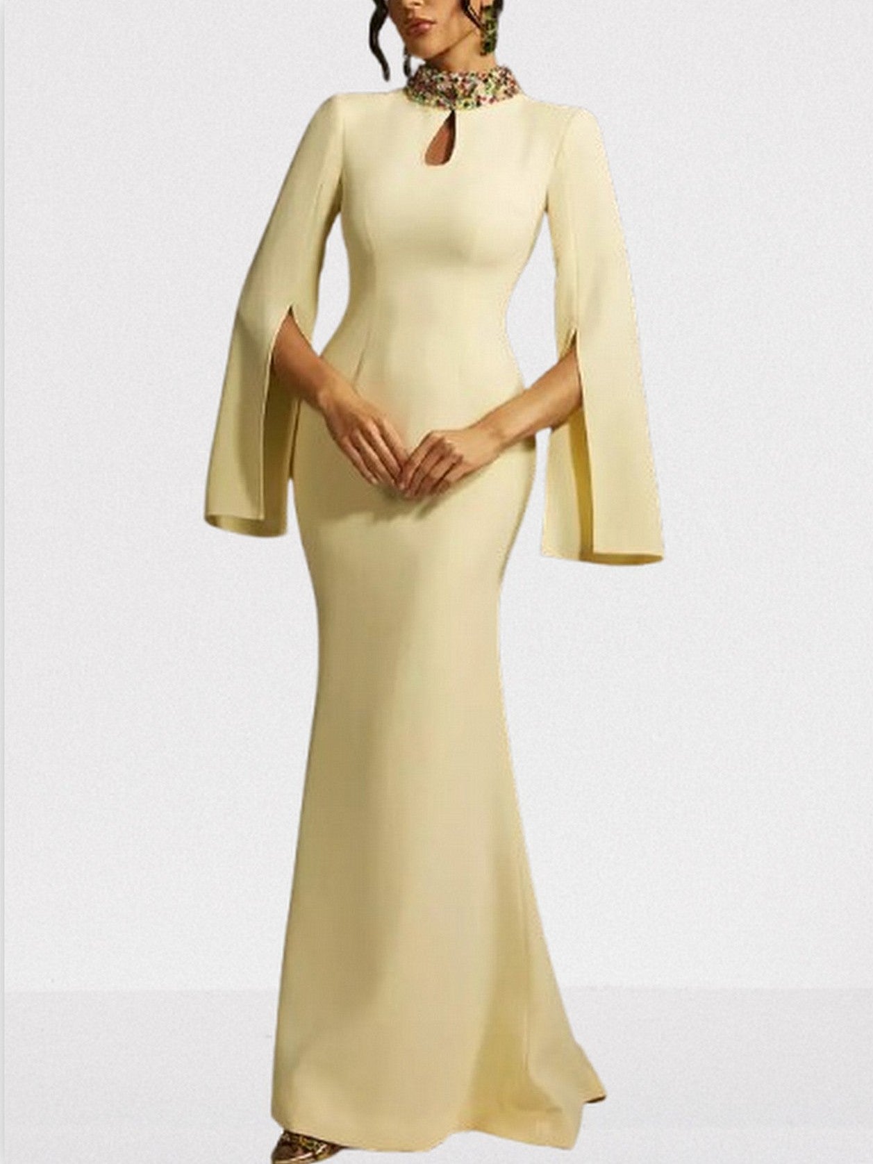 Embellished-Collar Keyhole Gown in Yellow - Dresses