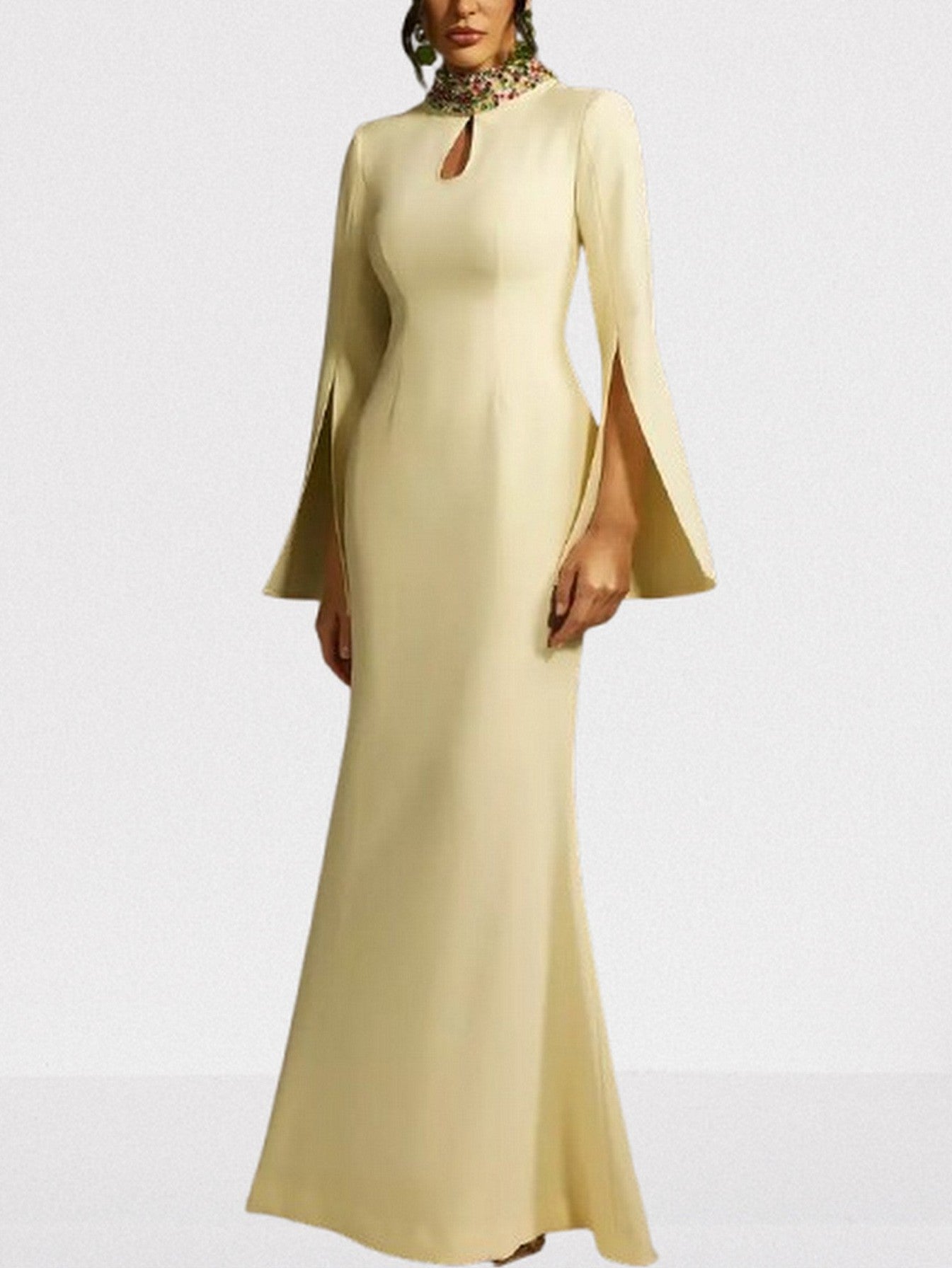 Embellished-Collar Keyhole Gown in Yellow - Dresses