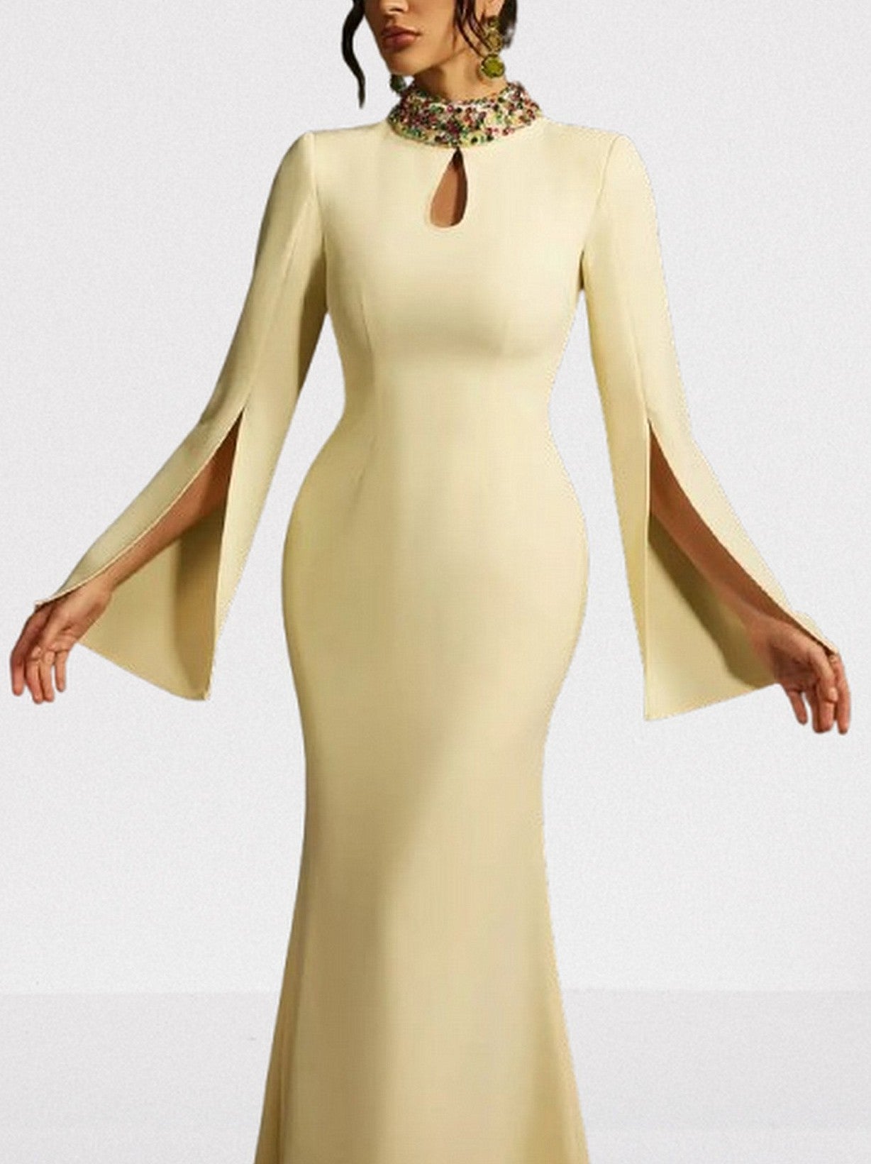 Embellished-Collar Keyhole Gown in Yellow - Dresses