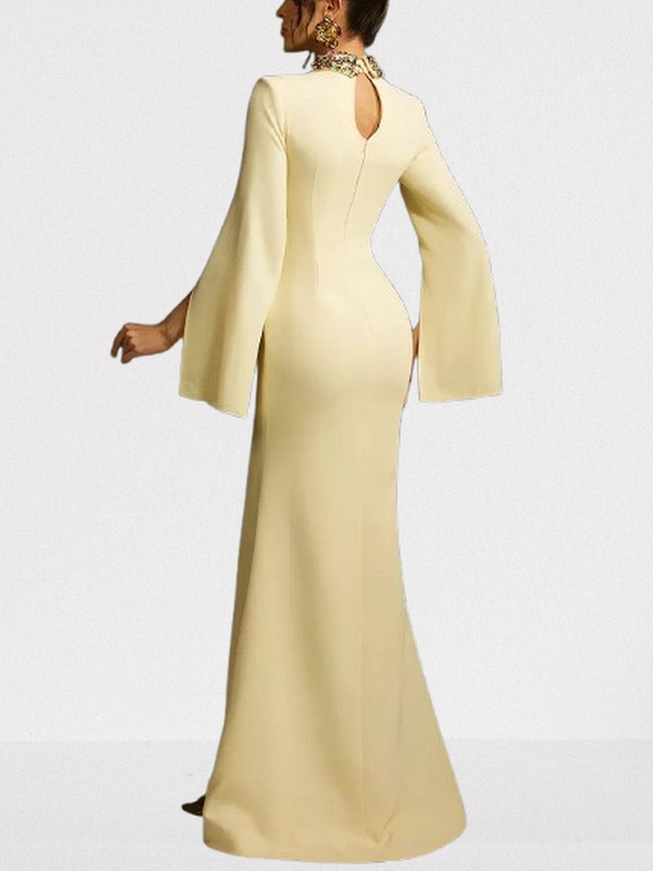 Embellished-Collar Keyhole Gown in Yellow - Dresses