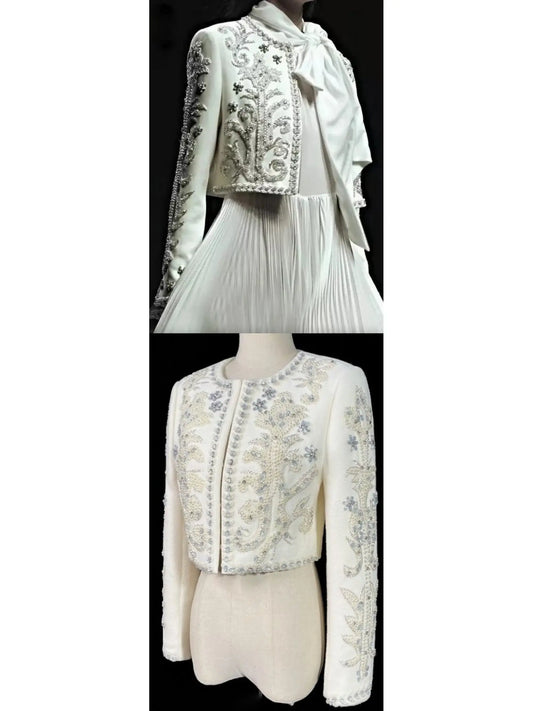 Embellished Cropped White Jacket - Branna Couture