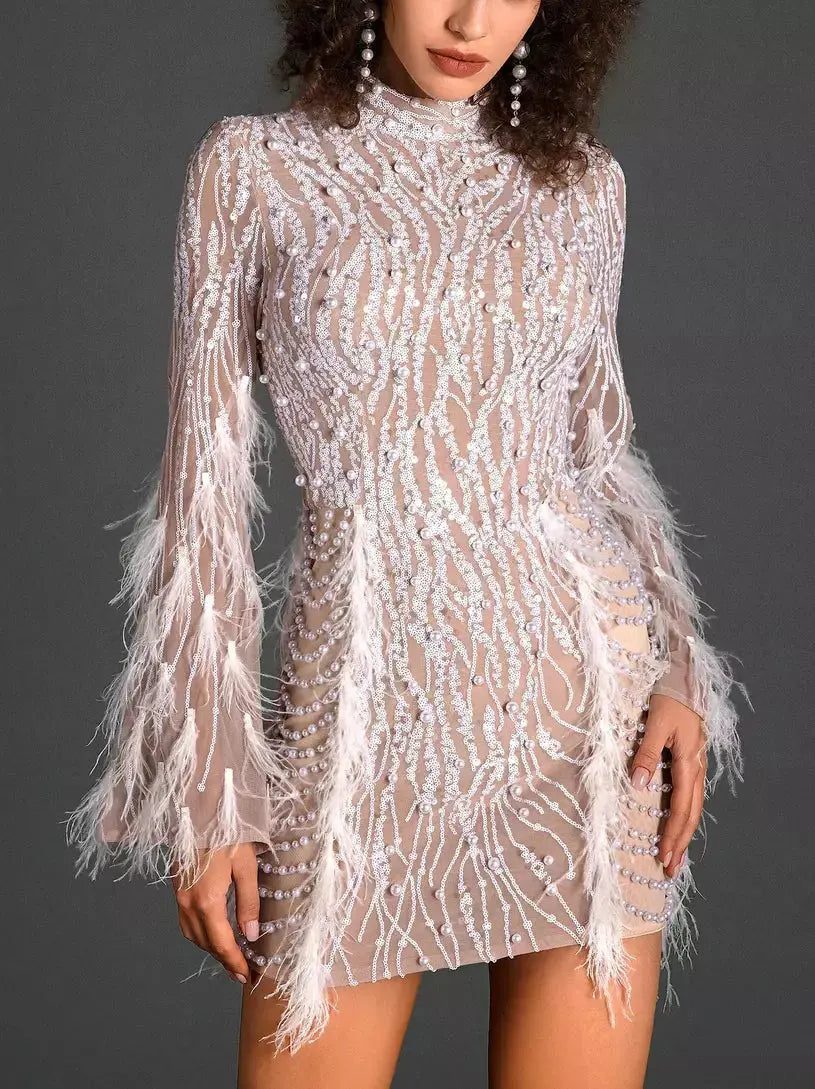 Embellished Feather-Trim Mock-Neck Mesh Mini Dress - Branna Couture