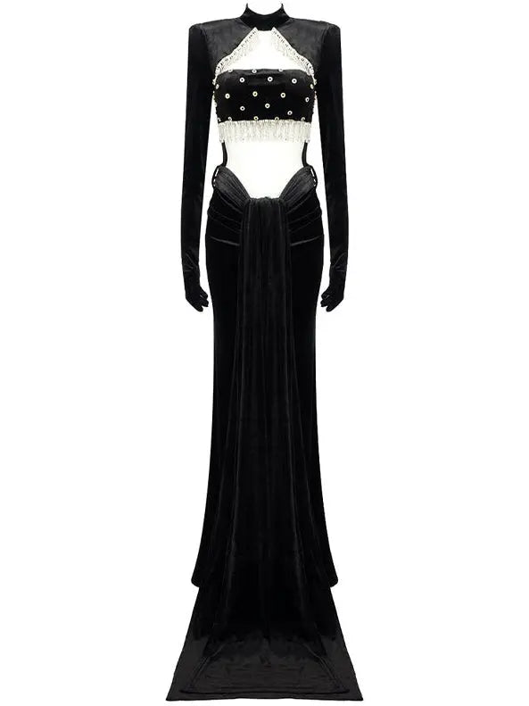 Embellished Long Cut-Out Velvet Gown with Sleeves - Branna Couture