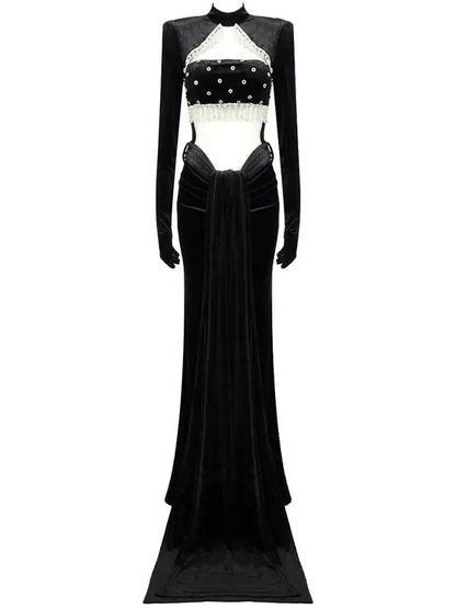 Embellished Long Cut-Out Velvet Gown with Sleeves - Branna Couture