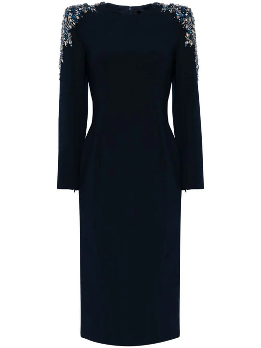 Women’s Embellished-Shoulder Black Long-Sleeve Midi Dress Branna Couture