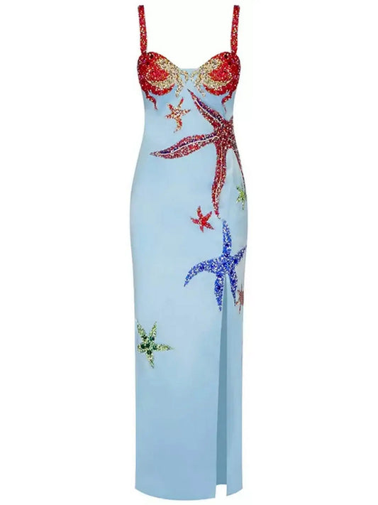 Embellished Starfish Satin Dress - Branna Couture