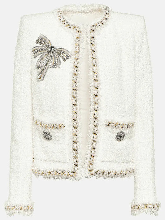 Embellished White Tweed Jacket - Branna Couture