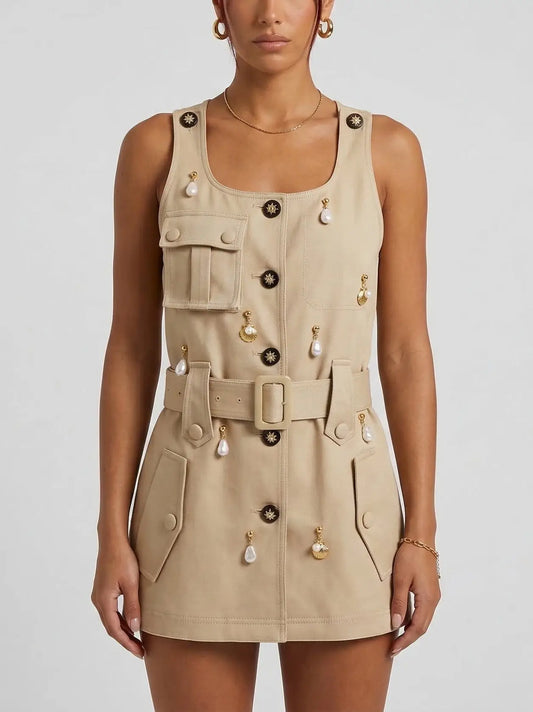 Embellished Belted Utility Mini Dress in Beige Twill - Small - Dresses