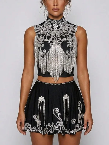 Embellished Black Crop Top and Mini Skirt Set - S - Suits & Sets