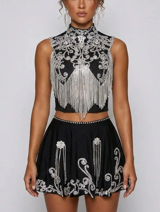 Embellished Black Crop Top and Mini Skirt Set - S - Suits & Sets