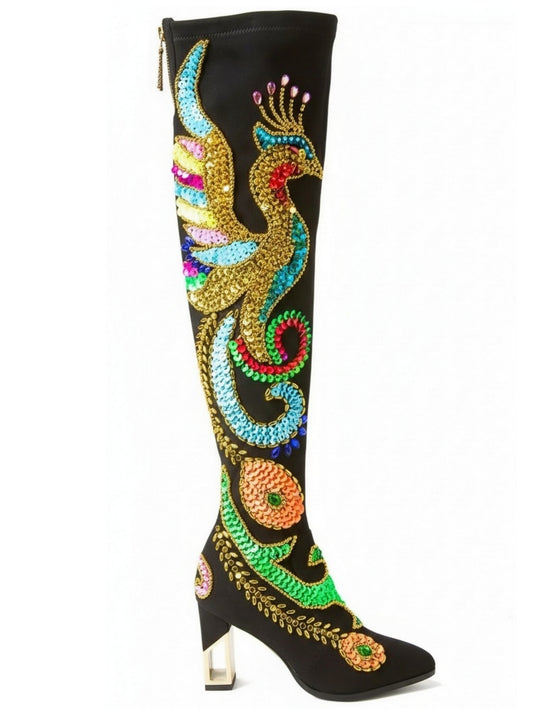 Embellished Black Suede Over-The-Knee Boots - 5 - Footwear