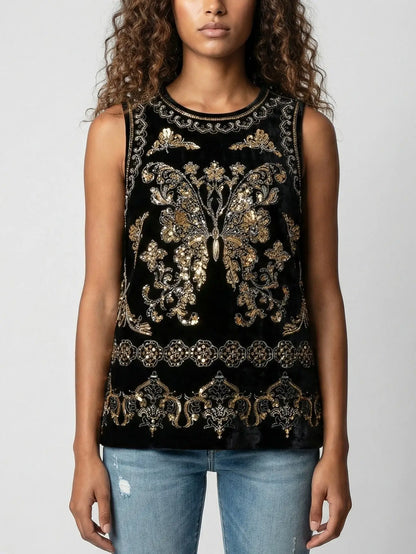 Embellished Black Velvet Tank Top - M - Tops