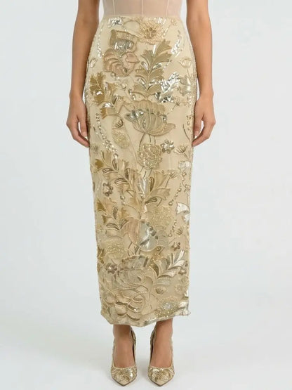Embellished Botanical Maxi Pencil Skirt - S - Skirts