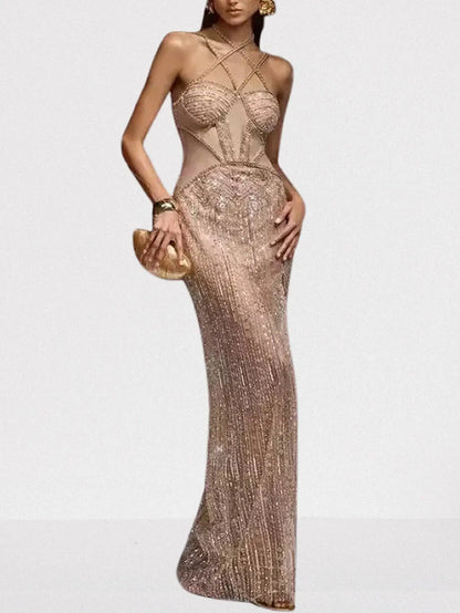 Embellished Bustier Halter Maxi Dress in Beige - Small - Dresses
