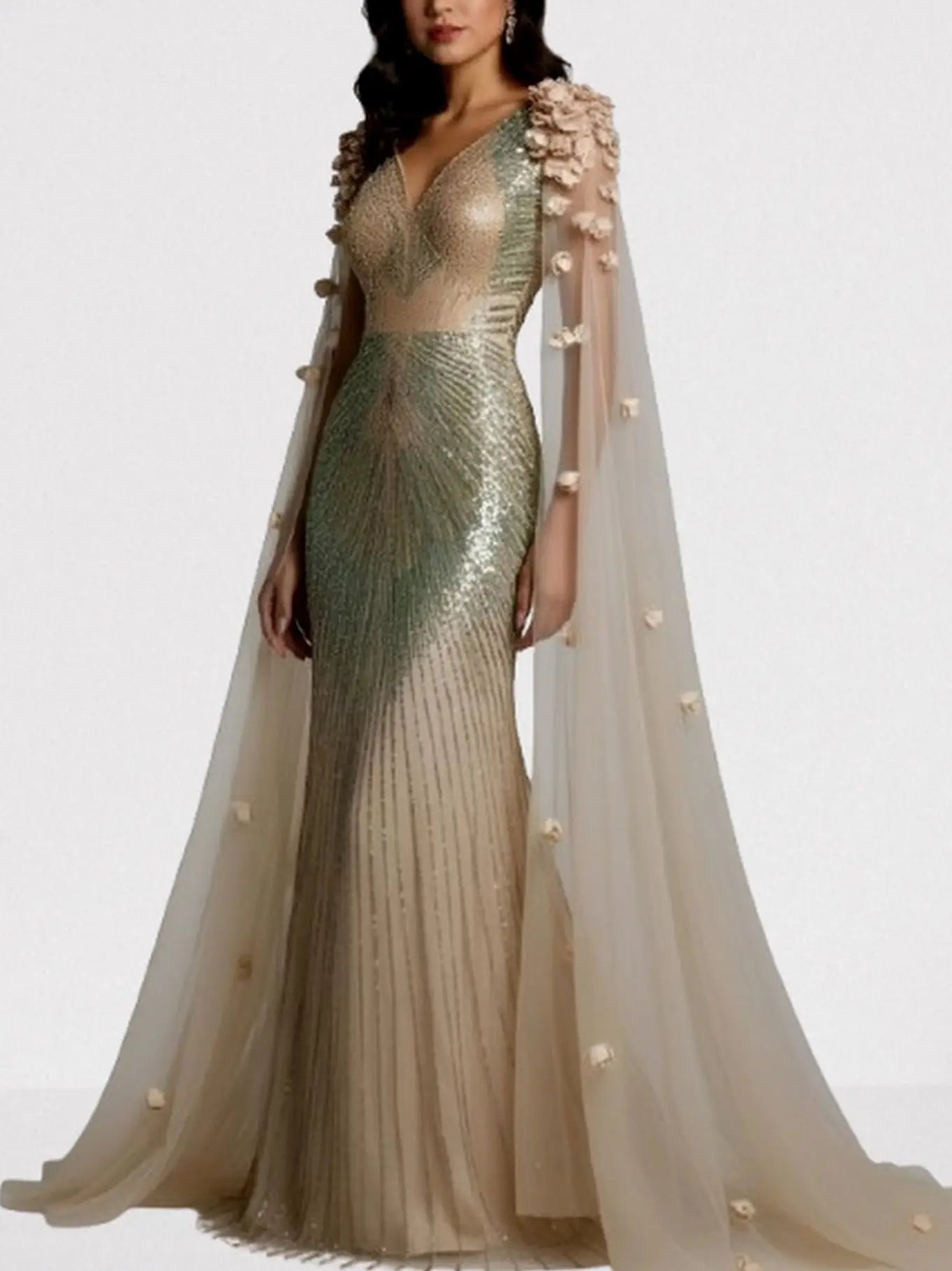 Embellished Cape-Sleeve Floral Applique Gown - M - Dresses