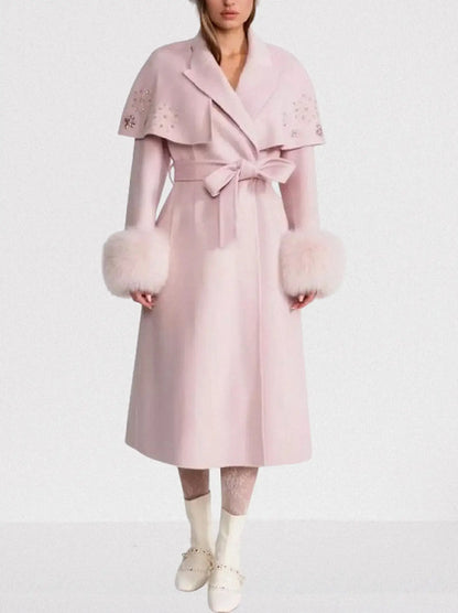 Embellished Cashmere-Blend Coat with Fox Fur Trim - Small / Light Pink - Coats