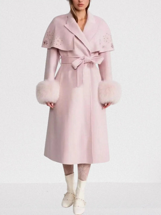 Embellished Cashmere-Blend Coat with Fox Fur Trim - Small / Light Pink - Coats