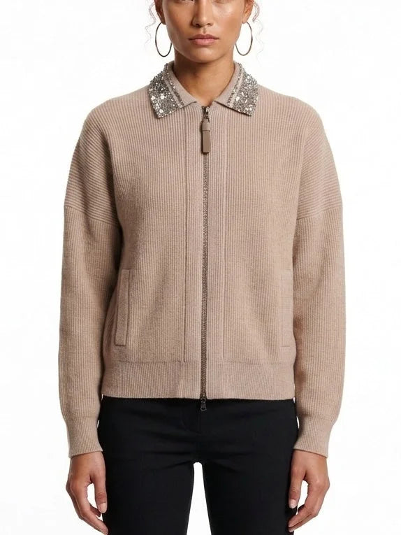 Embellished Collar Wool Blend Zip Front Cardigan - Small - Sweaters & Knitwear
