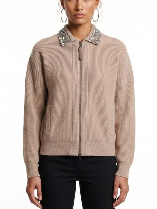 Embellished Collar Wool Blend Zip Front Cardigan - Small - Sweaters & Knitwear