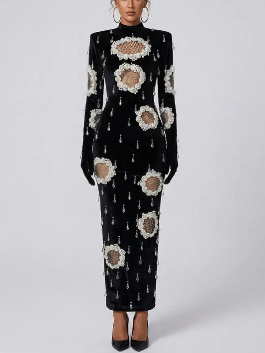 Feather and Sequin Embellished Strapless Mesh Gown - S - Dresses