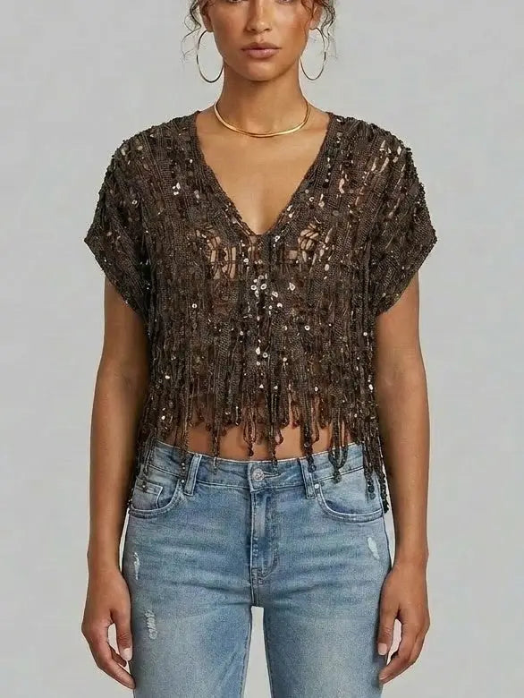 Embellished Fringed V-Neck Crop Top - Small - Tops