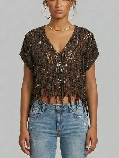 Embellished Fringed V-Neck Crop Top - Small - Tops