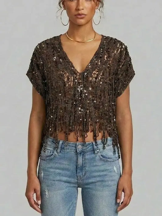 Embellished Fringed V-Neck Crop Top - Small - Tops