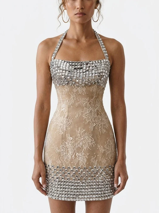 Embellished Halterneck Lace Mini Dress - Small - Dresses