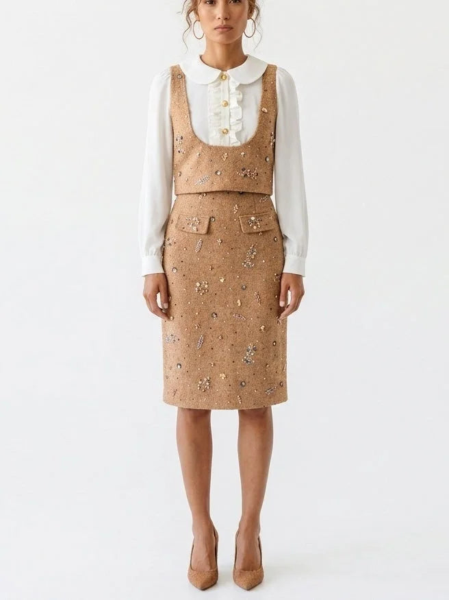 Embellished Hybrid Blouse and Pencil Skirt Set - S - Suits & Sets