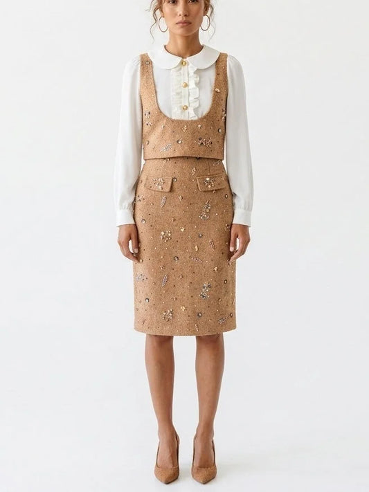 Embellished Hybrid Blouse and Pencil Skirt Set - S - Suits & Sets