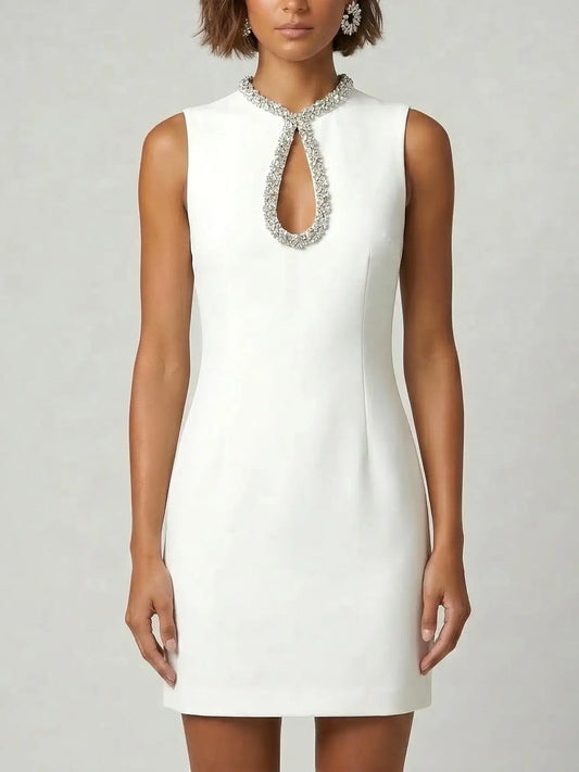 Embellished Keyhole Collar Sleeveless Mini Dress - Small / White - Dresses