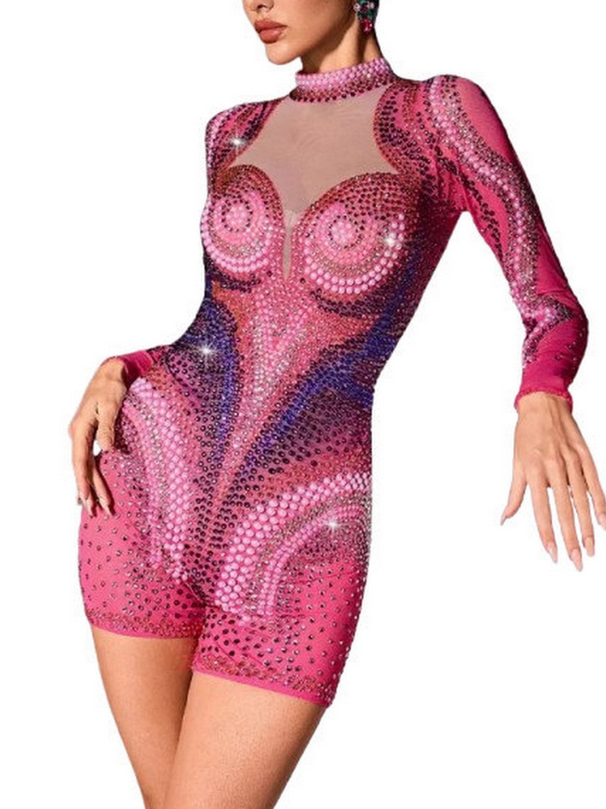 Embellished Long-Sleeve Stretch-Mesh Romper - S - Suits & Sets