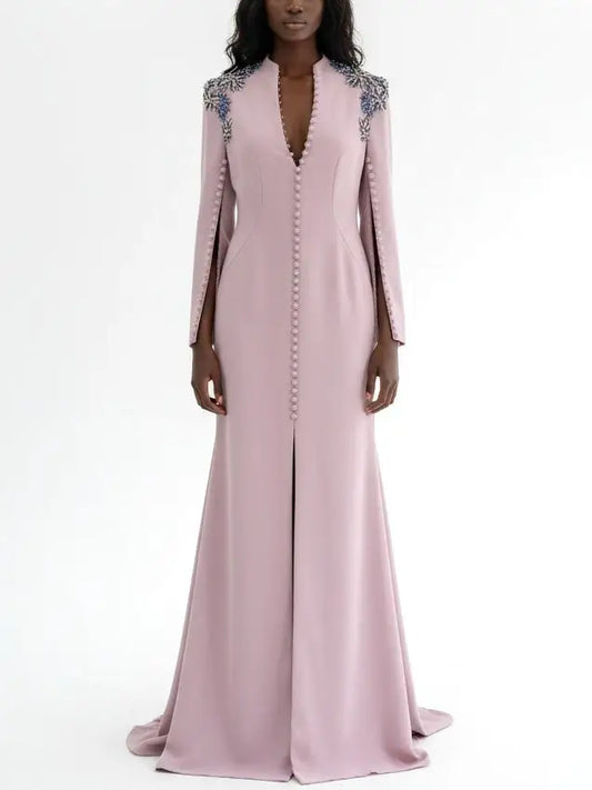 Embellished Long-Sleeve V-Neck Gown with Button Detail - S - Dresses