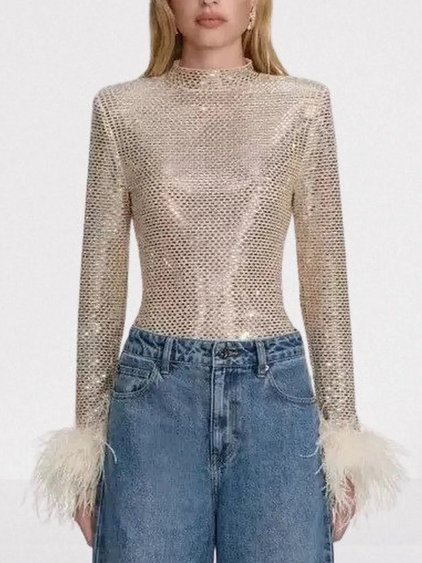 Embellished Long Sleeve Top with Feather Cuffs - XS - Tops
