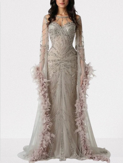 Embellished Long Tulle Gown with Feathers XS / Caramel/Champagne