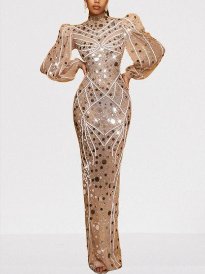 Embellished Maxi Dress with Long Puff-Sleeves - S - Dresses