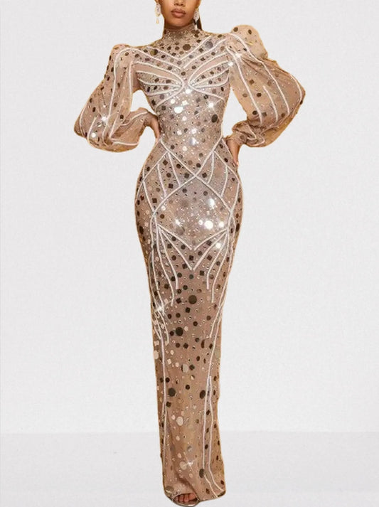 Embellished Maxi Dress with Long Puff-Sleeves - S - Dresses