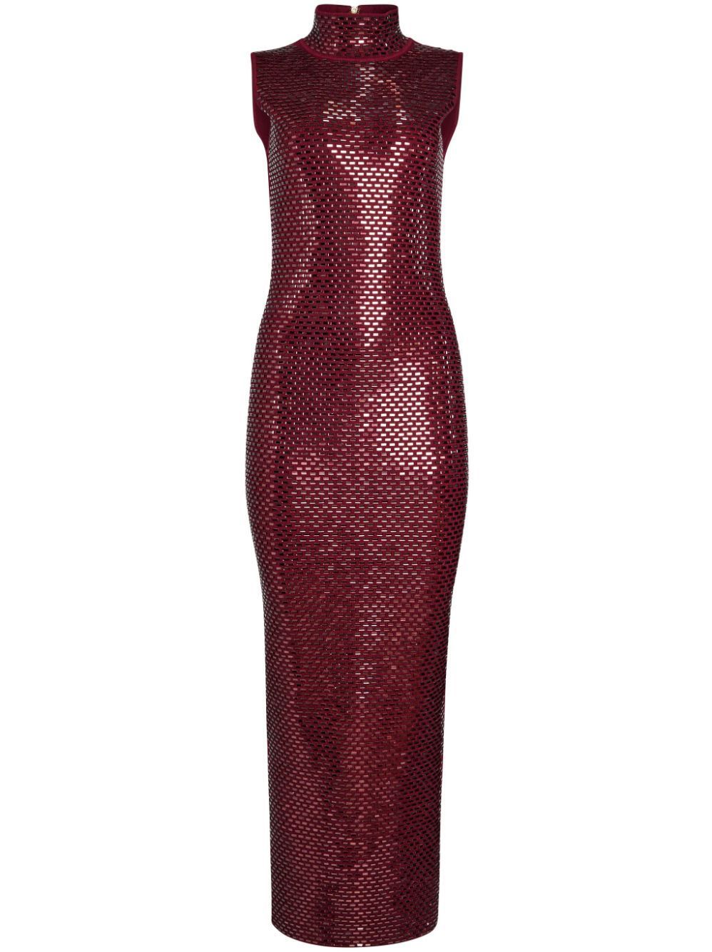 Embellished Mock-Neck Sheath Dress in Claret Red