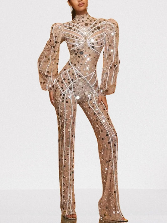 Embellished Nude Jumpsuit with Long Puff-Sleeves - S - Suits & Sets