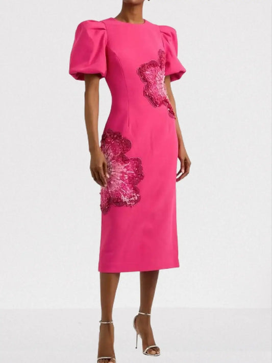 Embellished Puff-Sleeve Fuchsia Midi Dress - S - Dresses